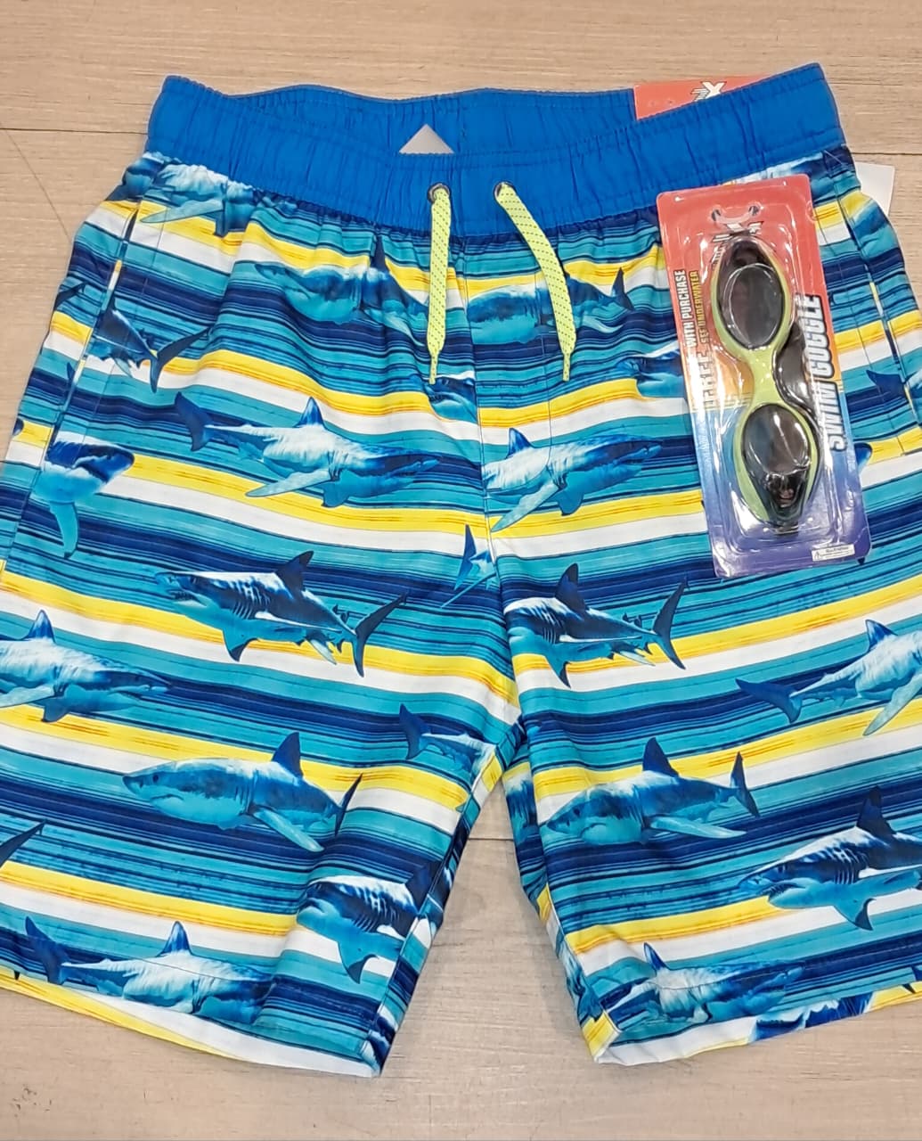 Blue &amp; Yellow Shark Boys Swimming Trunks with Goggles