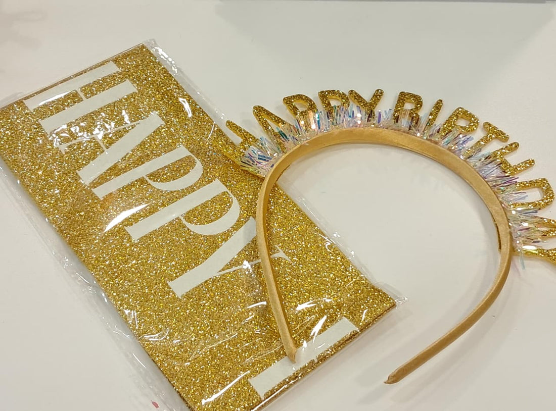 Gold Glitter Happy Birthday Headband &amp; Sash Set