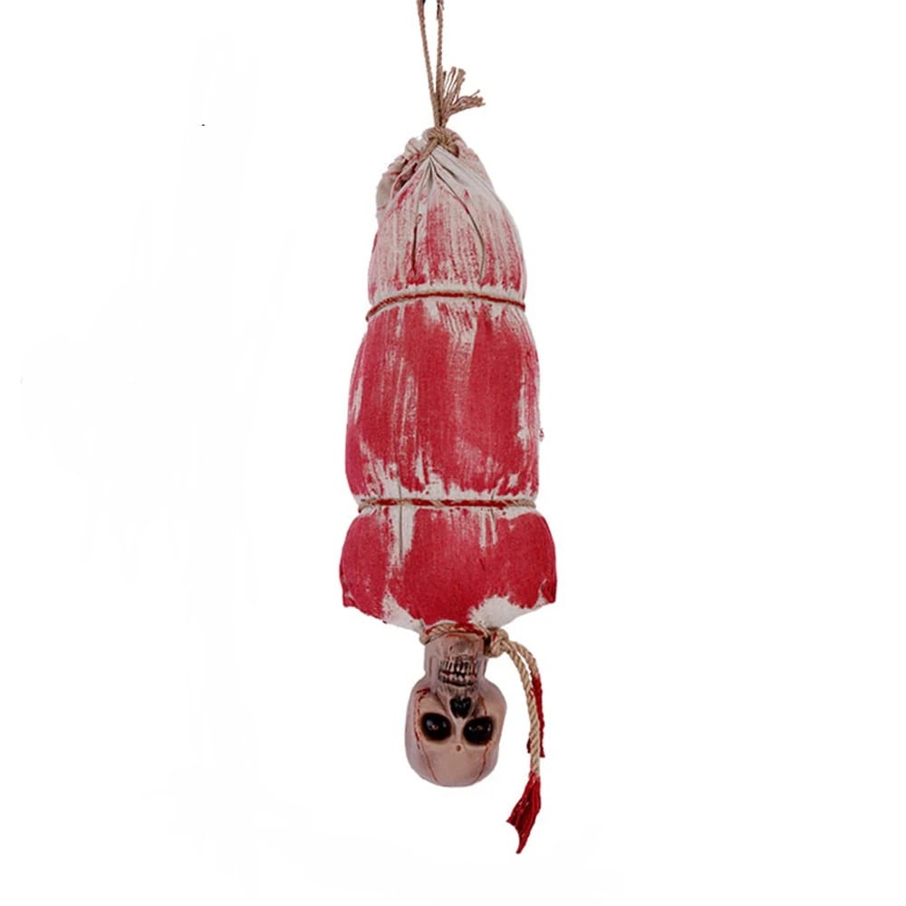 Fake Halloween Hanging Body in Bag Skull Animated Decoration Prop