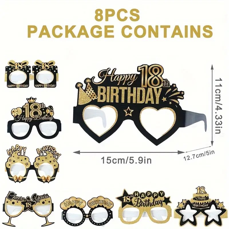 8Pc Black and Gold Happy 18th Birthday Glasses