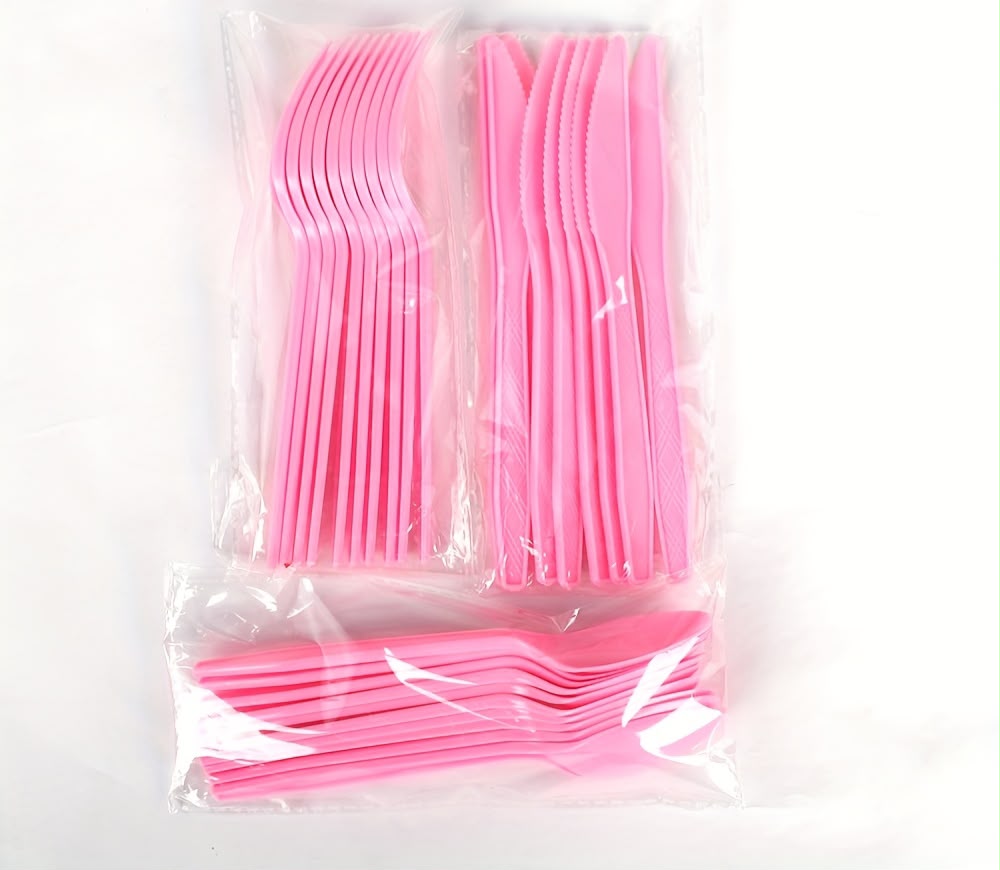 Pink Plastic Forks Spoon and Knife (18pcs)