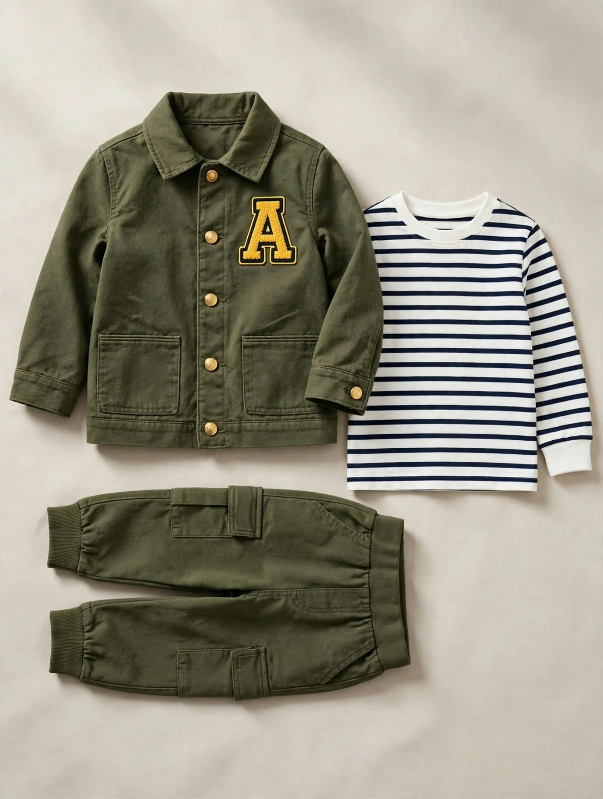 Olive Green Jacket, Striped Top &amp; Joggers 3-Piece Set
