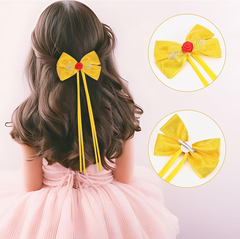 Yellow Clip On Hair Bow With Rose