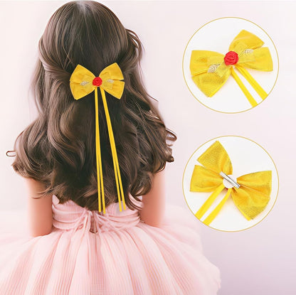 Yellow Clip On Hair Bow With Rose