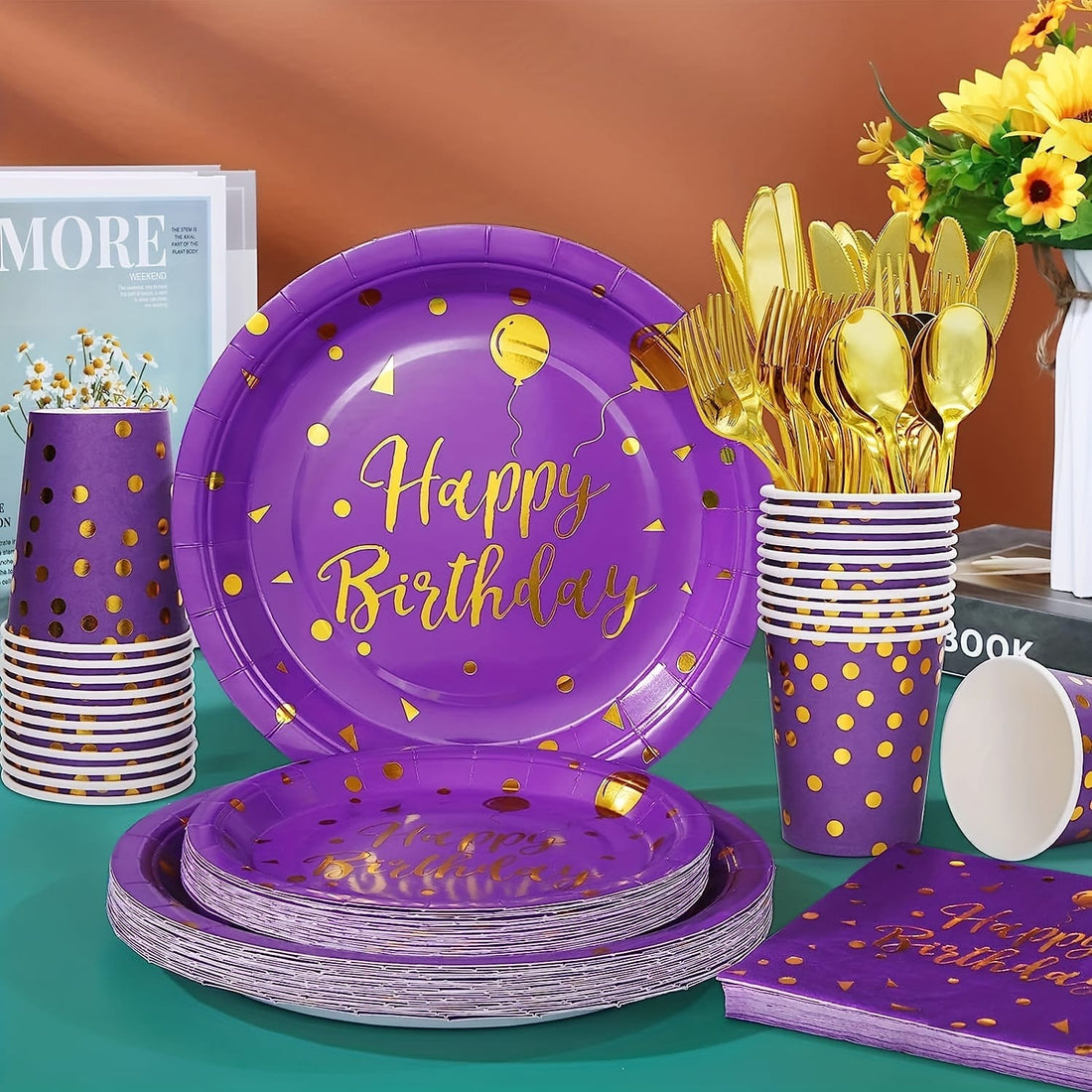 Happy Birthday Purple And Gold Party Set