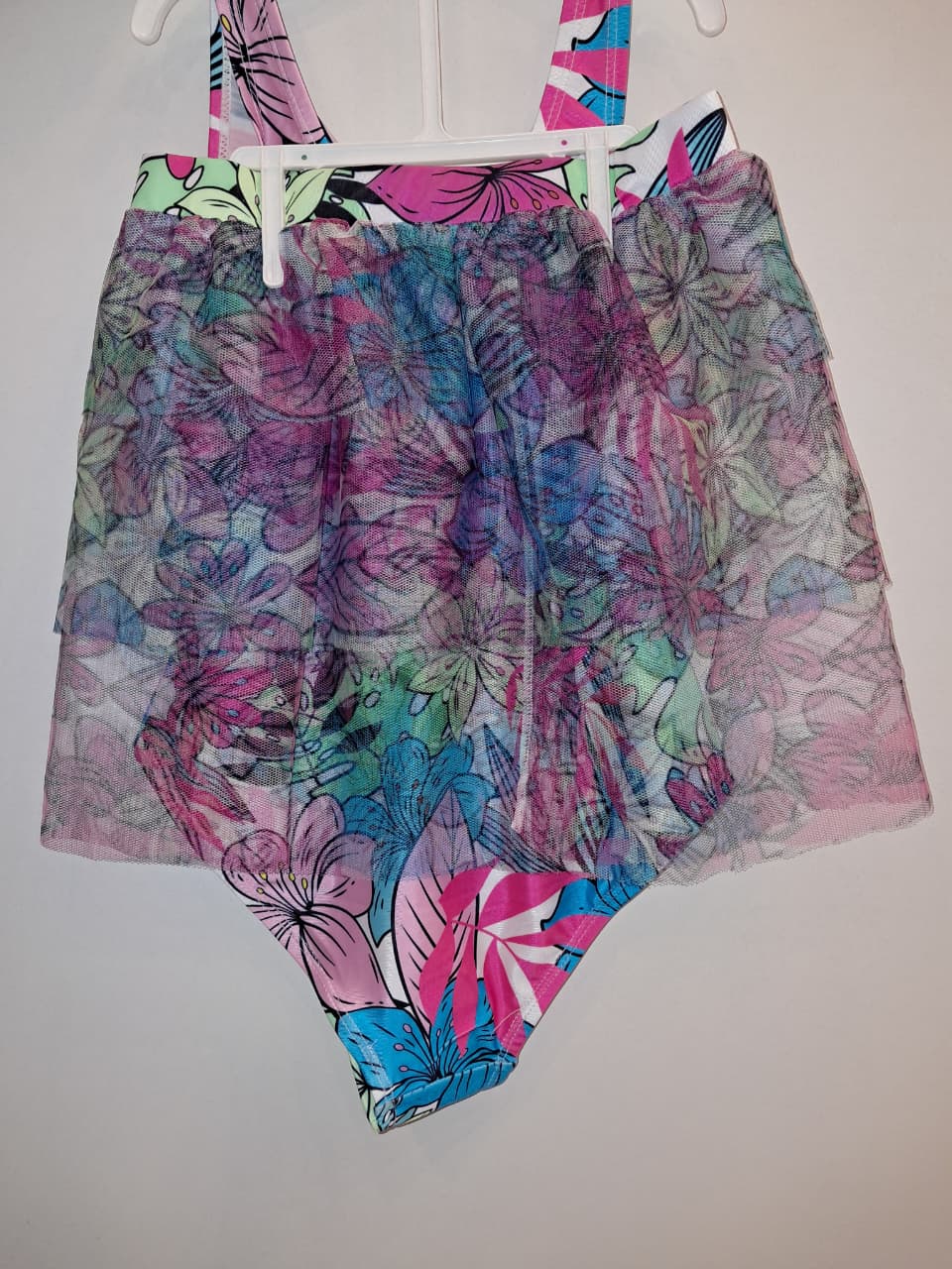 Girls 2PC Floral Bathing Suit &amp; Sheer Skirt