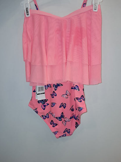 Peachy Pink Butterfly 2PC Girls Bathing Suit with Skirt