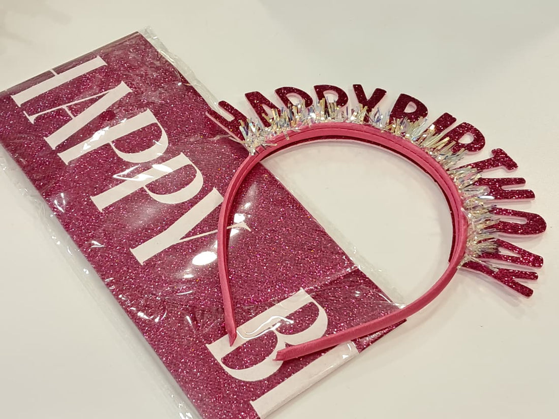 Pink Glitter Happy Birthday Headband &amp; Sash Set