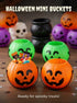 Halloween mini treat buckets with handles and Halloween face designs in orange, green, purple and white