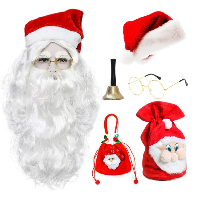 Santa clause 7pc set kit beard glassess bag bell