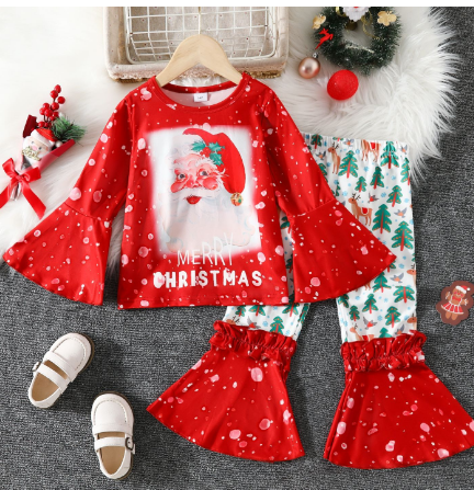 Christmas Girls Casual Long Sleeve Print Bell Bottom Pants  Top With Bell Sleeves, Christmas Tree And Letter Set