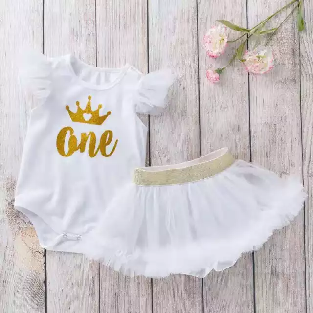 First Birthday One Gold Crown Girls Outfit (All White)