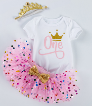 First Birthday One Girls Outfit Crown 1st