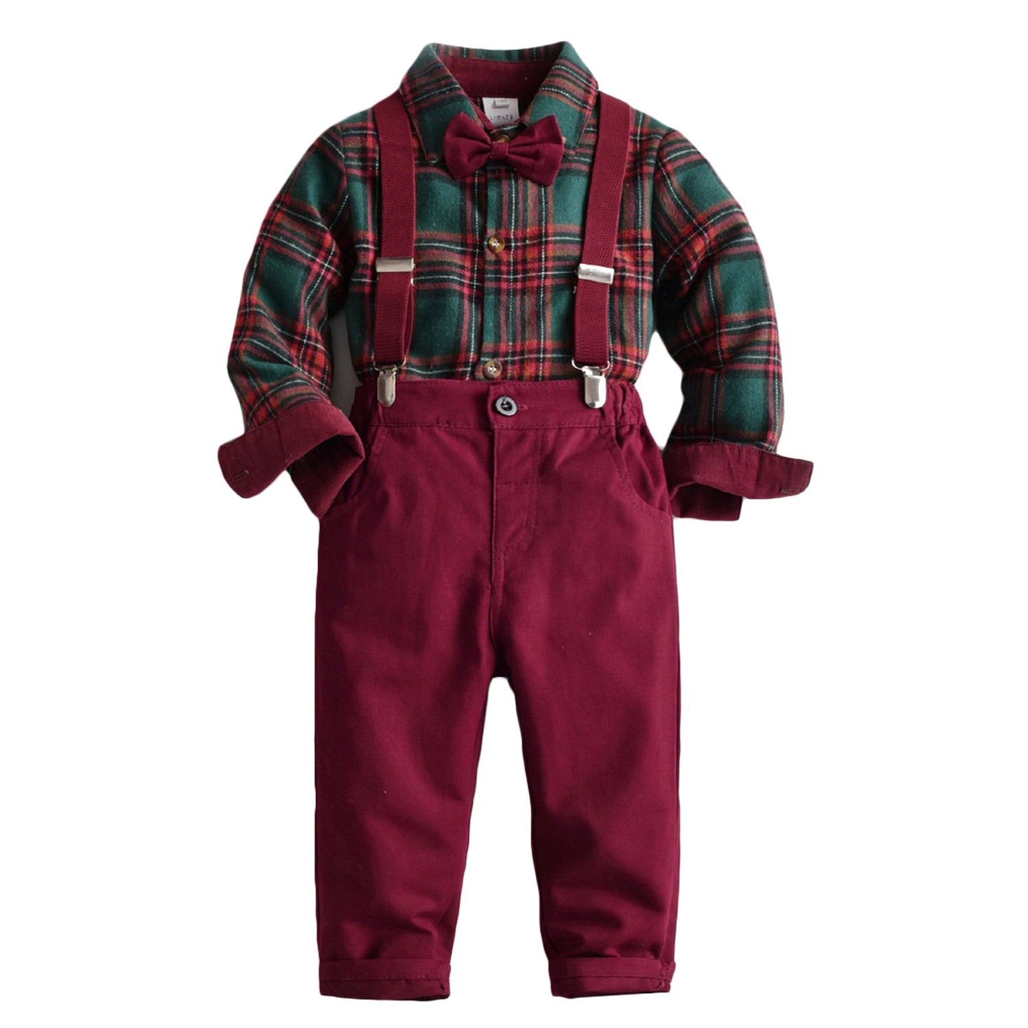 Christmas Red pants Gentleman Toddler outfit with bow tie suspender overall pants