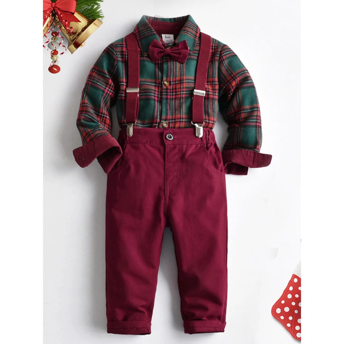 Christmas Red pants Gentleman Toddler outfit with bow tie suspender overall pants