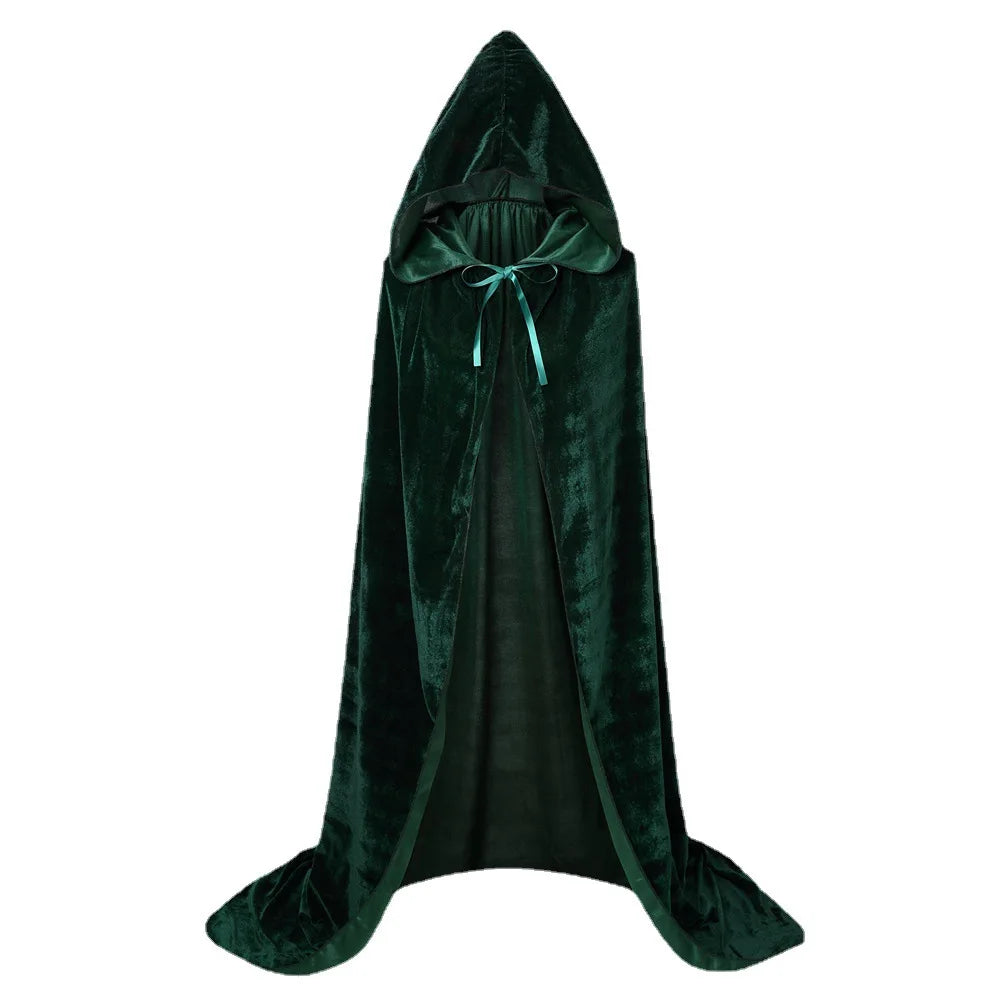 Green Gothic Hooded Velvet Cloak Adult Renaissance Witch Cloak Medieval Halloween Costume Party Robe