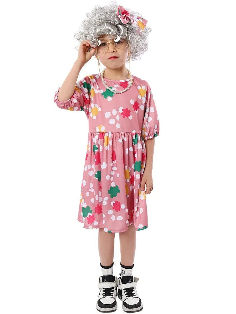 Old Lady Costume for Kids Girls Grandma 7pc Costume 100th Days of School Dress Up Halloween Cosplay Old Person Granny Outfit