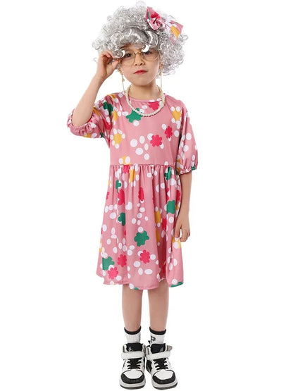 Old Lady Costume for Kids Girls Grandma 7pc Costume 100th Days of School Dress Up Halloween Cosplay Old Person Granny Outfit