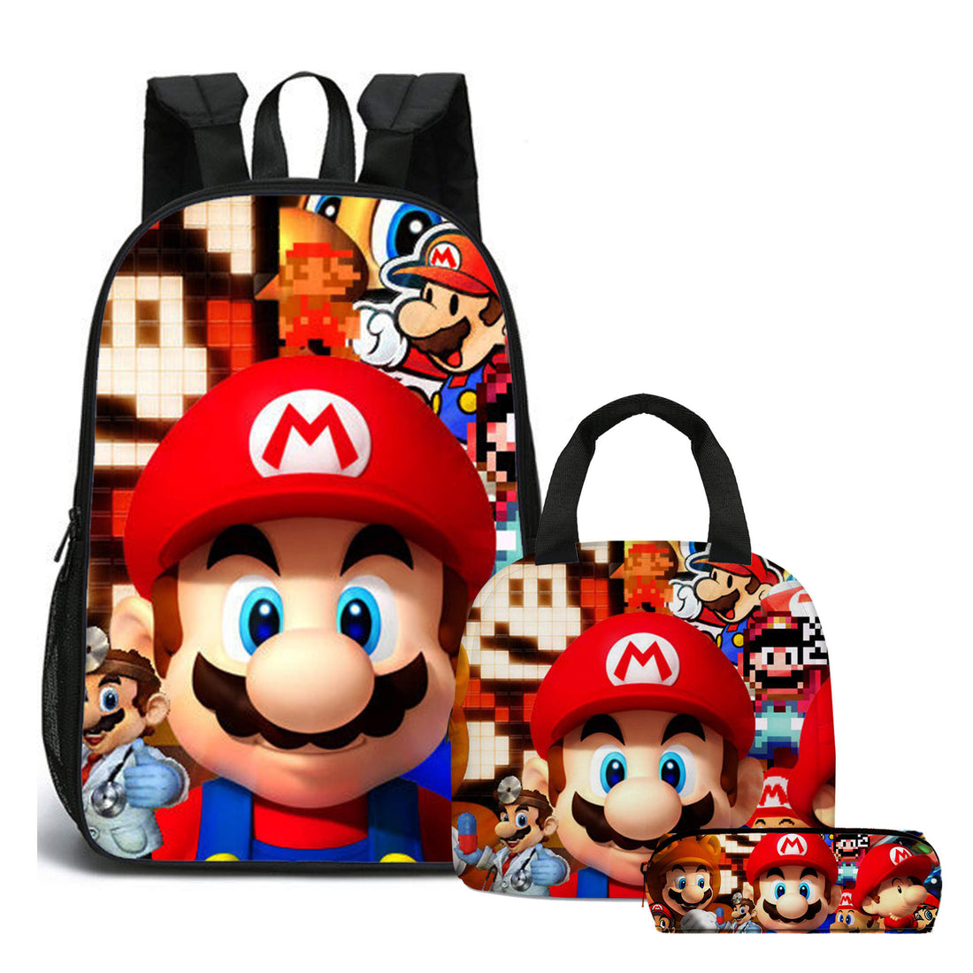 Double side print Marios Blocks Backpack set (3PC) (17 inch size)