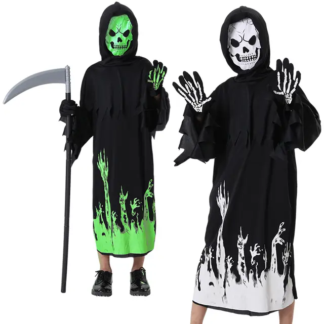 Halloween Kids Glow in the Dark Grim Reaper Cosplay Costume with tool