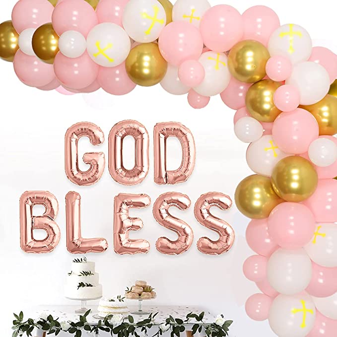 GOD BLESS Girls Rose Gold Pink Balloon Package (Christening /Baptism) With Backdrop