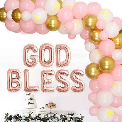 GOD BLESS Girls Rose Gold Pink Balloon Package (Christening /Baptism) With Backdrop