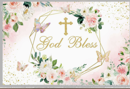 GOD BLESS Girls Rose Gold Pink Balloon Package (Christening /Baptism) With Backdrop