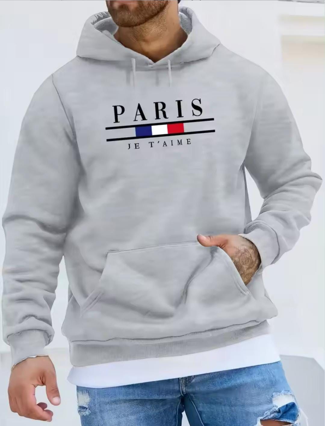 Paris Grey Fleece Pullover Hoodie