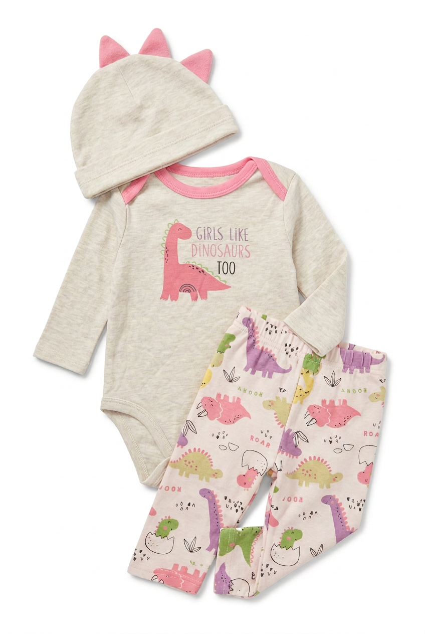 Bon Blues Babies Pink and Cream Dinosaur 3pcs Outfit