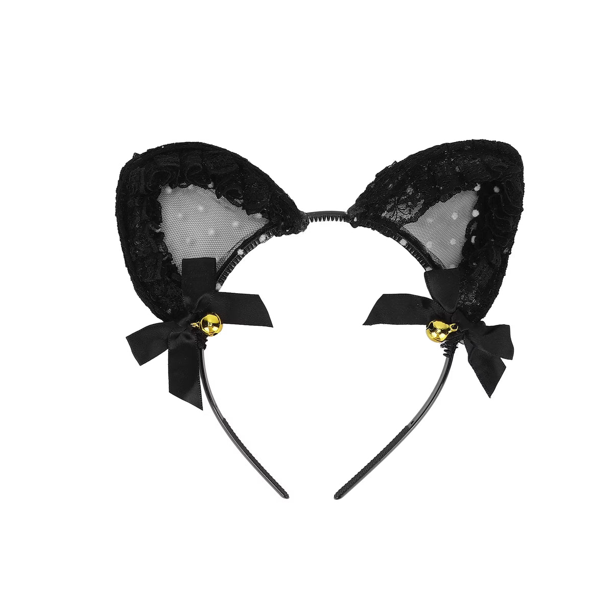 Black Lace Cat Ear Headband With A Small Gold Bell