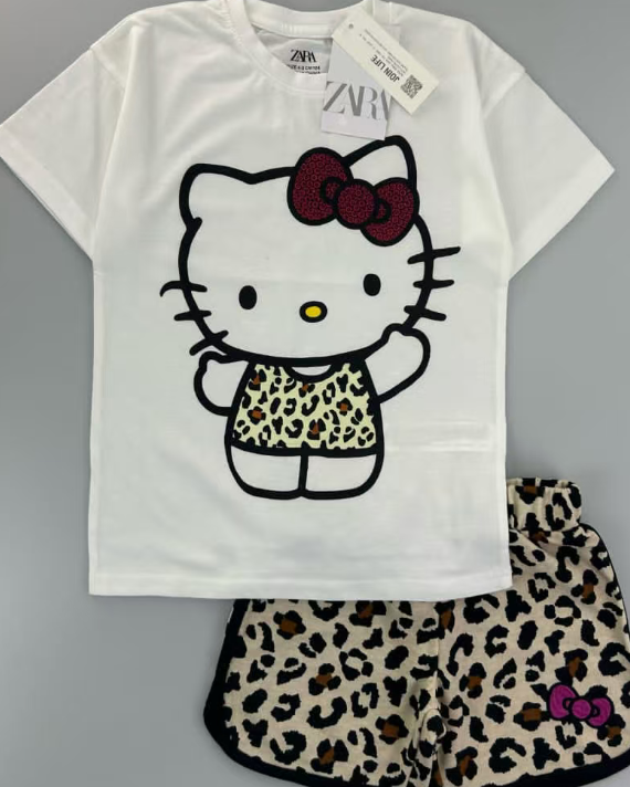 Zara hello kitty leopard short sleeve and short pants 2pc set
