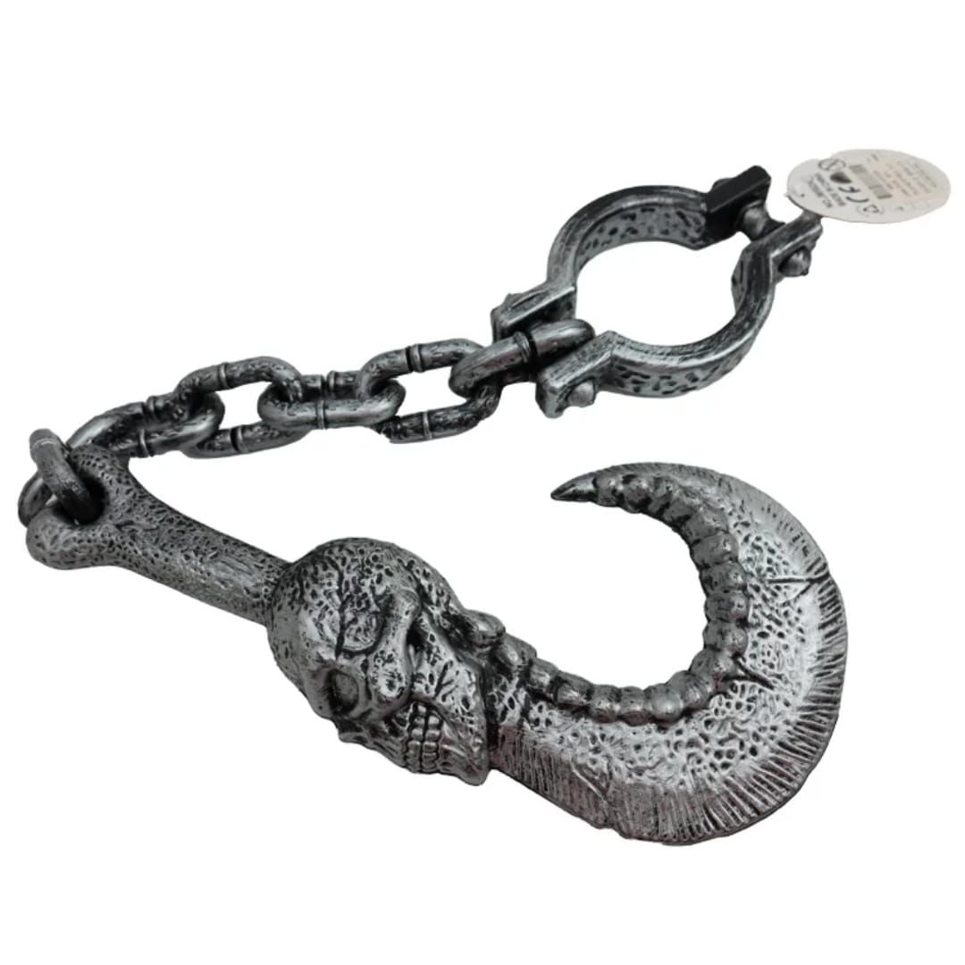 Silver hook with skull and wrist shackle Halloween prop