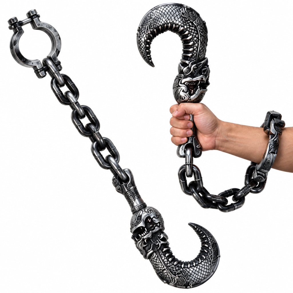 Silver hook with skull and wrist shackle Halloween prop