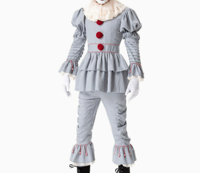 Grey clown costume with puffed shoulders, three red pom-poms, layered waist ruffles and matching trousers with ruffled cuffs.