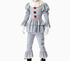 Grey clown costume with puffed shoulders, three red pom-poms, layered waist ruffles and matching trousers with ruffled cuffs.