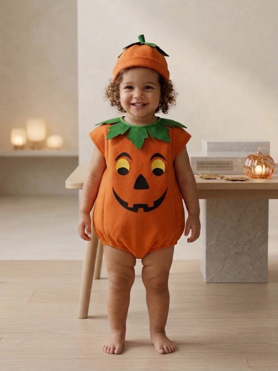 Child wearing an orange jack-o’-lantern pumpkin costume with a green leaf neckline and matching pumpkin hat