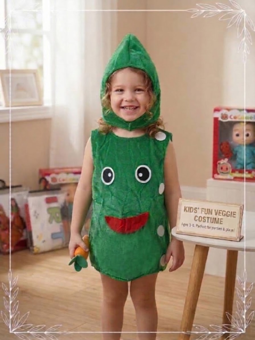 Child wearing a green vegetable costume with cartoon eyes, a red smile and a matching pointed headpiece