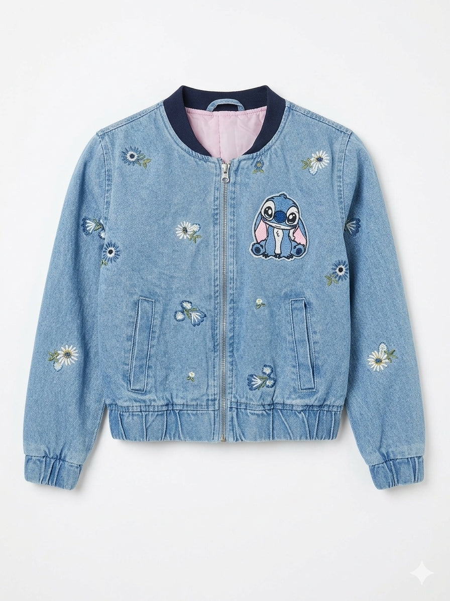 Stitch Denim Jacket With Daisy Flowers