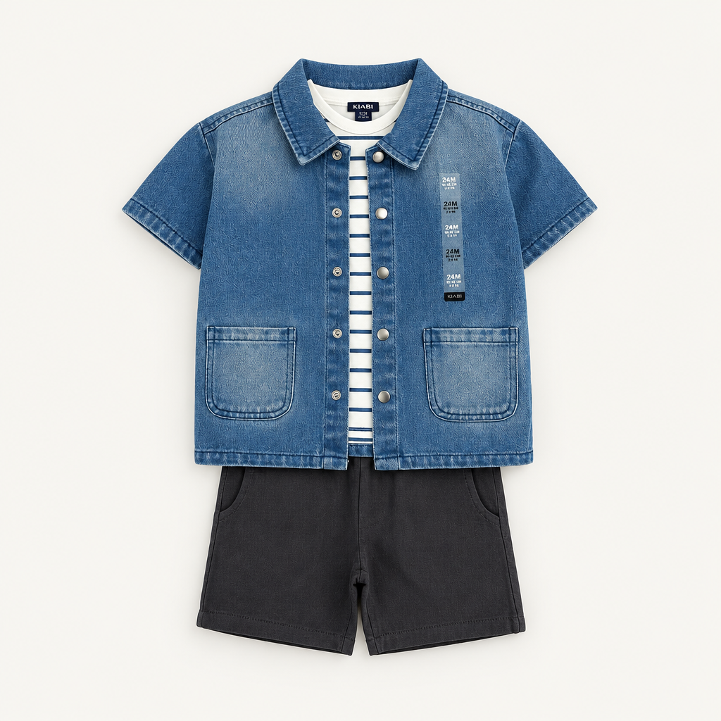 Kiabi three-piece outfit with blue denim jacket, striped shirt and dark shorts