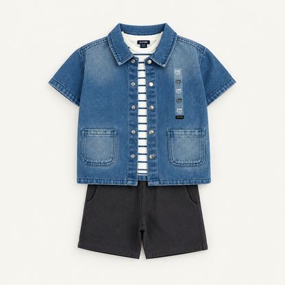 Kiabi three-piece outfit with blue denim jacket, striped shirt and dark shorts
