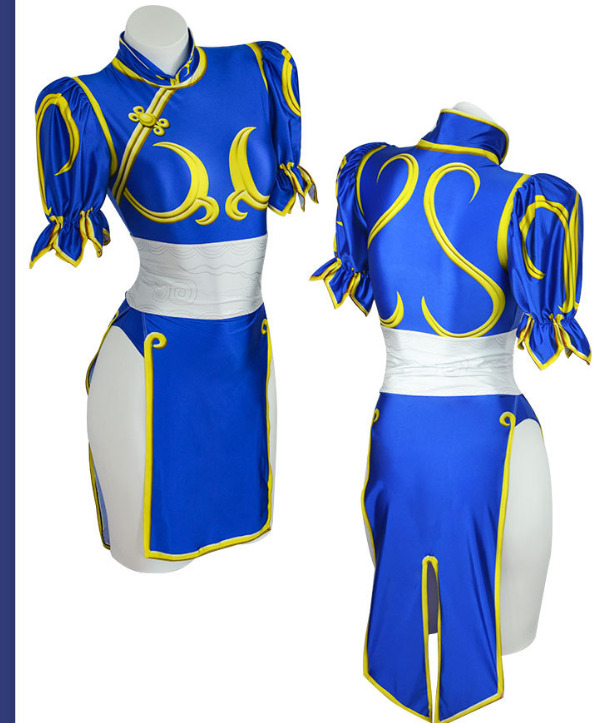 Front and back views of a blue Chun-Li-inspired costume with gold-coloured trim, puff sleeves, white waist and split skirt panels.