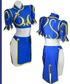Front and back views of a blue Chun-Li-inspired costume with gold-coloured trim, puff sleeves, white waist and split skirt panels.