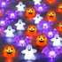 Illuminated Halloween decorations showing orange jack-o’-lanterns, white smiling ghosts and purple bats on strings.