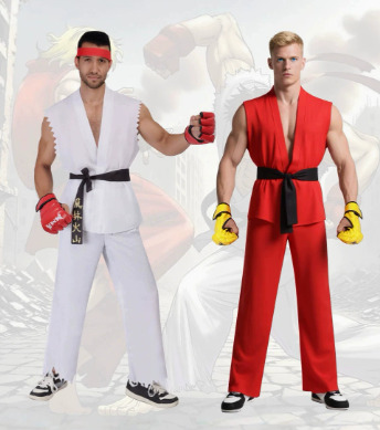 Two models in white and red sleeveless martial arts-inspired costumes with black waist belts, styled as Ryu and Ken.