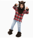 Child modelling a werewolf costume with red plaid shirt, shaggy brown wolf headpiece and furry wrist and lower-leg accents, styled with jeans.