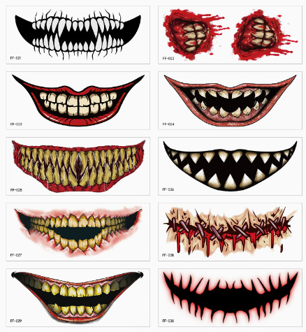 Assorted Halloween tattoo designs with monster teeth, pointed fangs, bloody wounds and a stitched mouth.