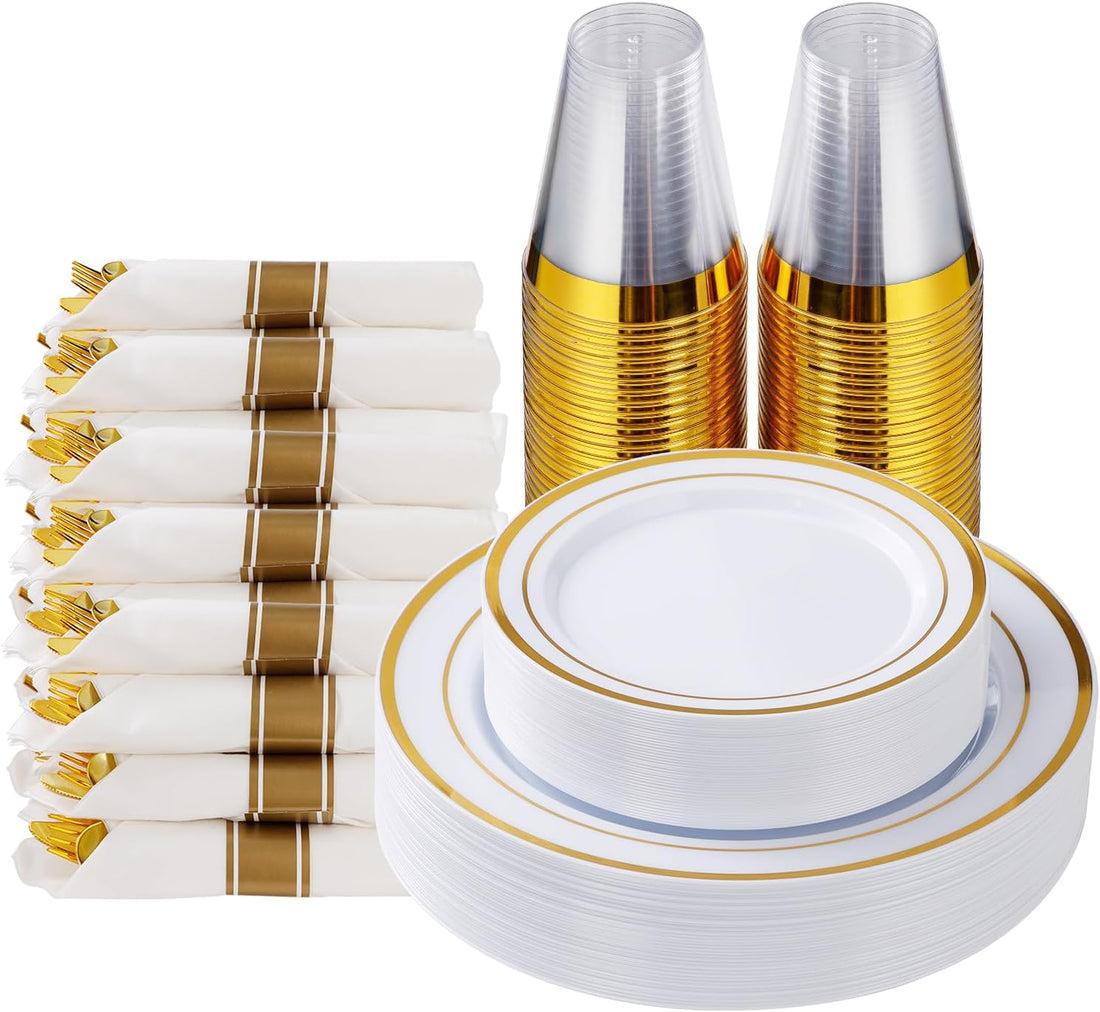 Gold Plastic Dinnerware Set for 25 Guests (175 pcs)