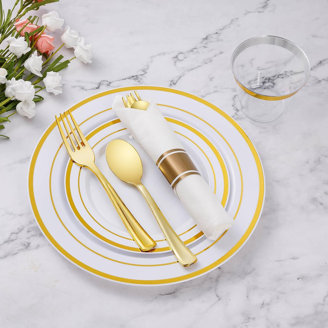 Gold Plastic Dinnerware Set for 25 Guests (175 pcs)