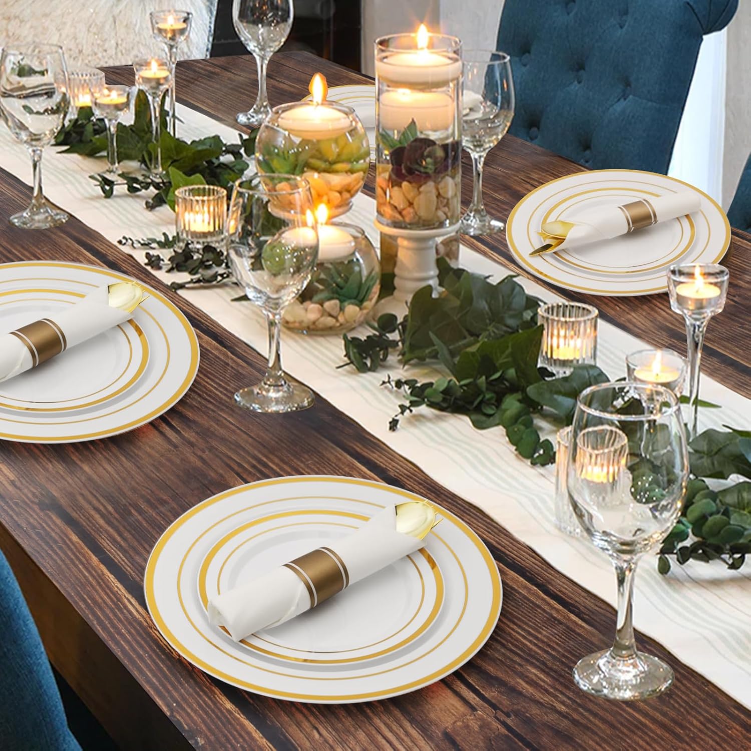 U-QE 175 Pieces Gold Plastic Plates And Napkins Party Supplies - White And Gold Dinnerware Set 25 Guest - 25 Dinner Plate, 25 Dessert Plates, 25 Per Rolled Napkins With Gold - Foto 3