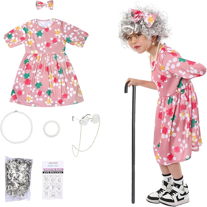 Old Lady Costume for Kids Girls Grandma 7pc Costume 100th Days of School Dress Up Halloween Cosplay Old Person Granny Outfit